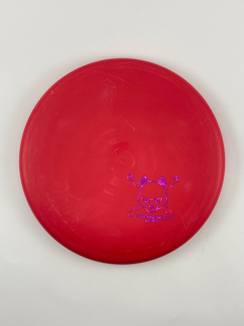 Dynamic Discs Judge disc golf putt and approach in red Classic plastic with Pandamonium Panda Corner X stamp