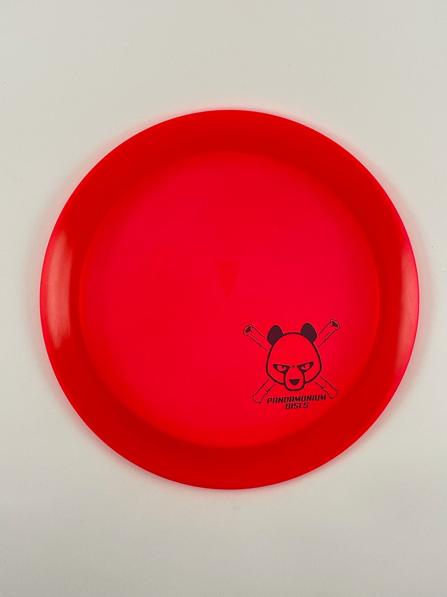 Dynamic Discs Sheriff disc golf distance driver in red Lucid plastic with Pandamonium Panda Corner X stamp