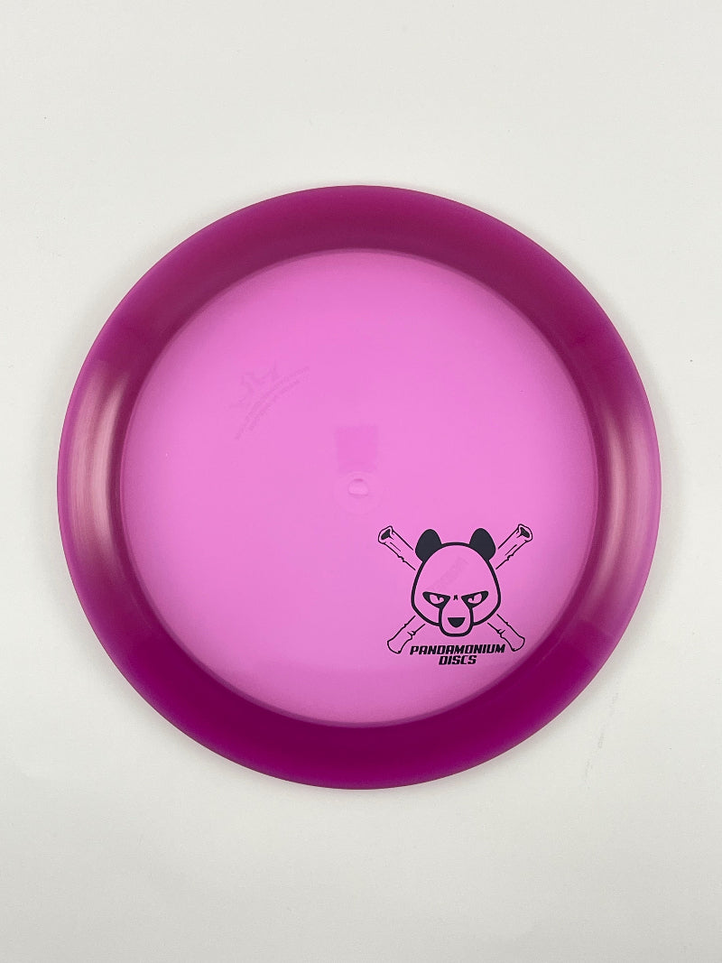 Dynamic Discs Raider disc golf distance driver in plum Lucid plastic with Pandamonium Panda Corner X stamp