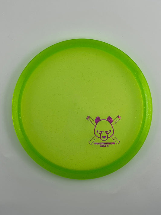 Discmania MD3 disc golf midrange in green C-Line Metal Flake plastic with Pandamonium Panda Corner X stamp