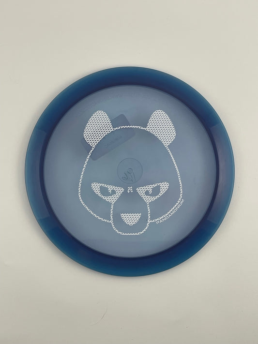 Innova Valkyrie disc golf fairway driver in clear and navy Champion plastic with Pandamonium Big Panda stamp