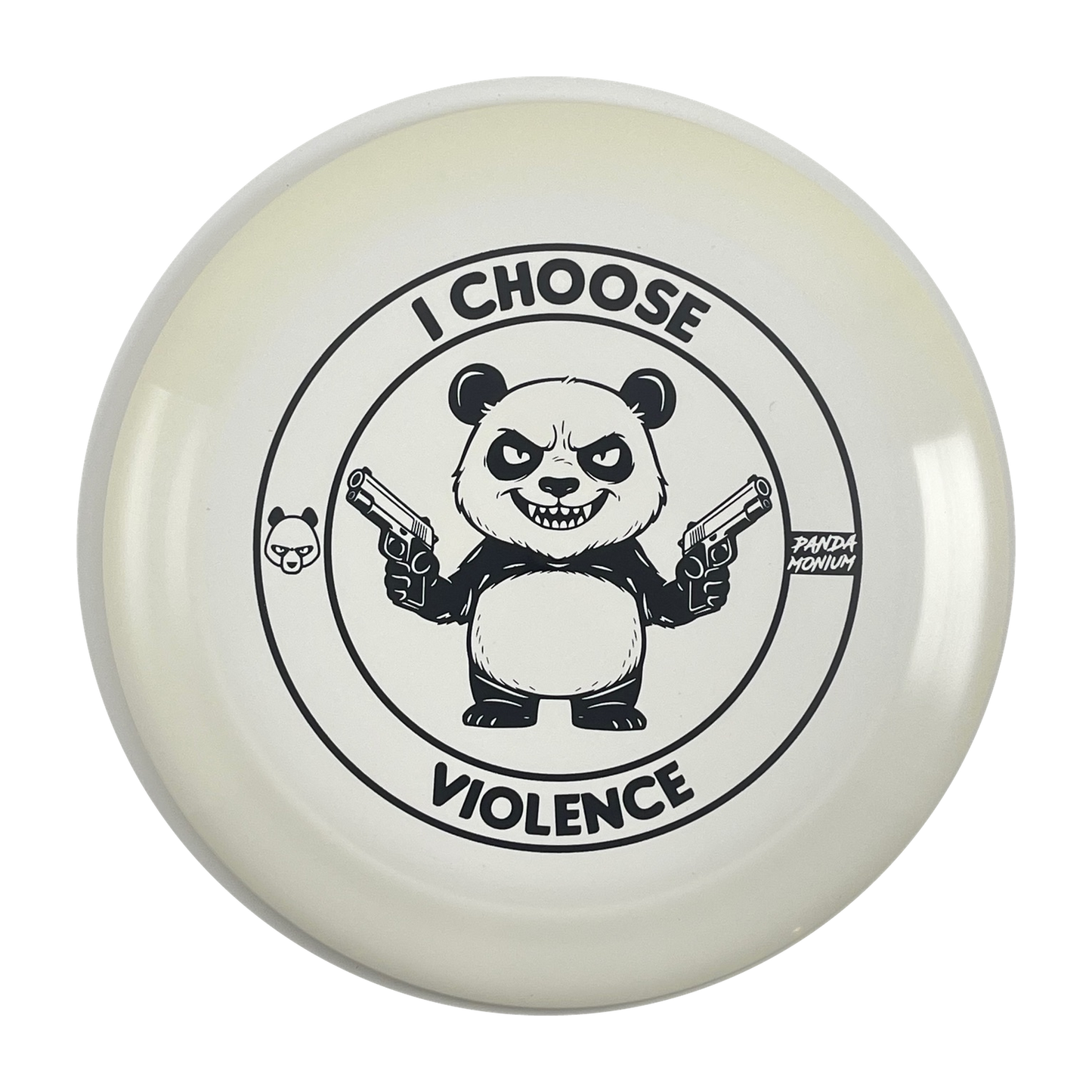 Discraft Nuke disc golf distance driver in white ESP plastic with Pandamonium I Choose Violence stamp, view 1