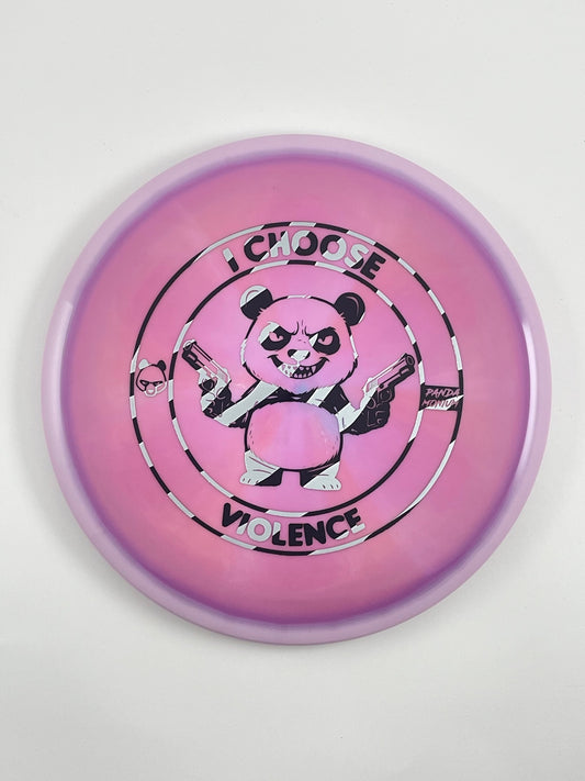 Discraft Buzzz disc golf midrange in dark pink ESP plastic with Pandamonium I Choose Violence stamp
