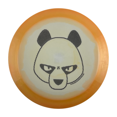 Innova Shryke disc golf distance driver in orange and white Halo Star plastic with Pandamonium Big Panda stamp, view 1