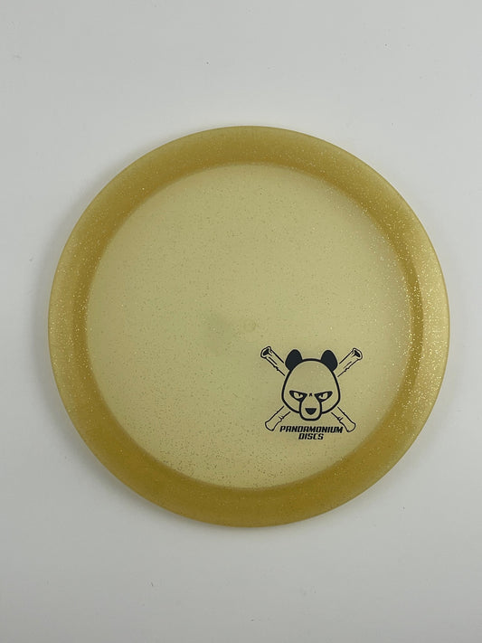 Dynamic Discs Felon disc golf fairway driver in gold Lucid Sparkle plastic with Pandamonium Panda Corner X stamp