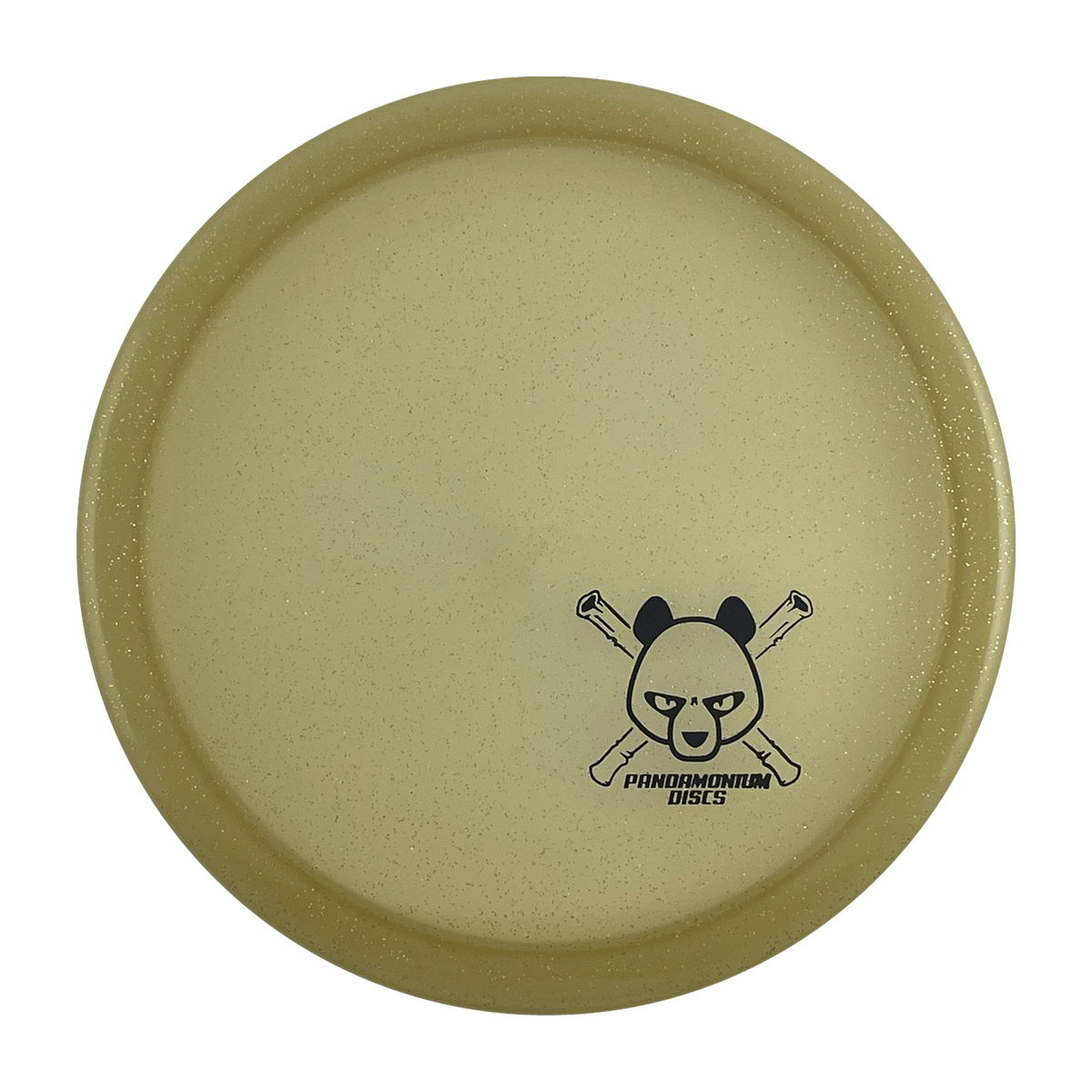 Dynamic Discs Justice disc golf midrange in gold Lucid Sparkle plastic with Pandamonium Panda Corner X stamp, view 1