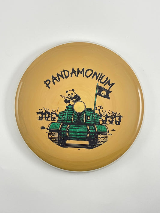 MVP Glitch disc golf putt and approach in tan Neutron plastic with Pandamonium Panda Tank stamp