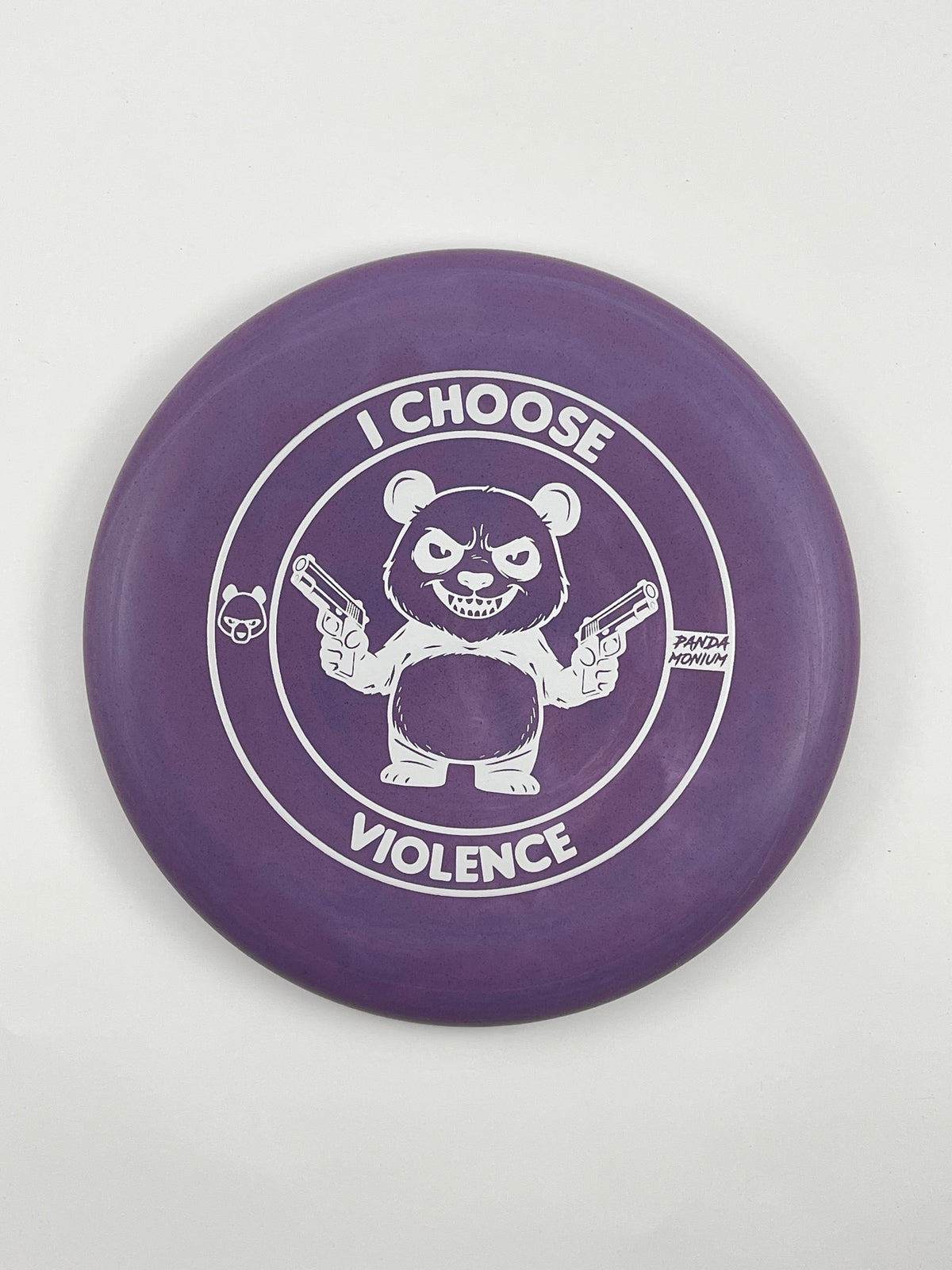 Discraft Luna disc golf putt and approach in purple Rubber Blend plastic with Pandamonium I Choose Violence stamp