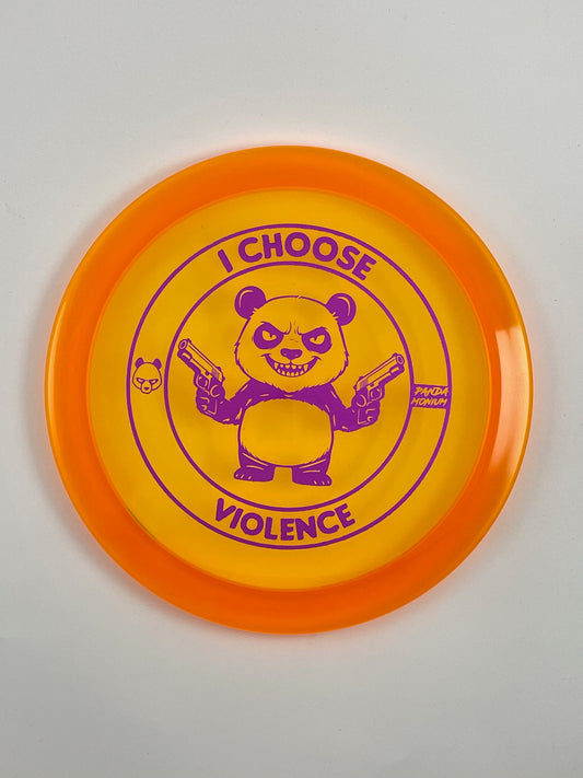 Discraft Raptor disc golf fairway driver in orange Z Line plastic with Pandamonium I Choose Violence stamp