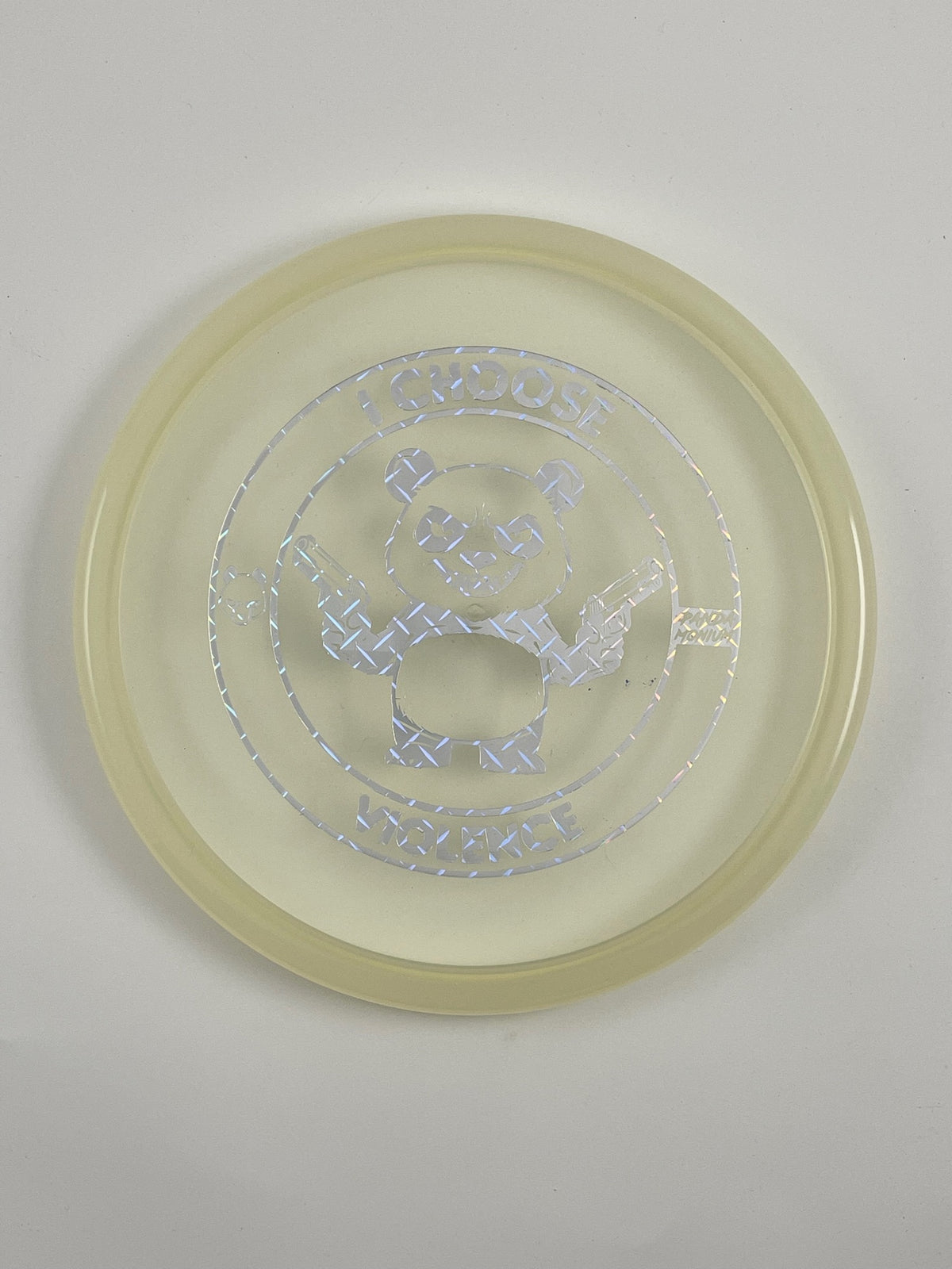 Discraft Zone disc golf putt and approach in clear Z Line plastic with Pandamonium I Choose Violence stamp
