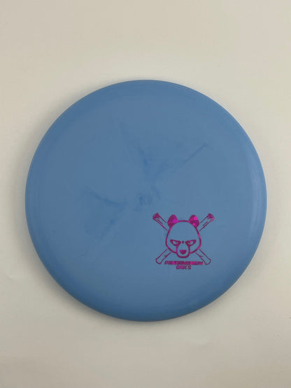 Dynamic Discs Judge disc golf putt and approach in blue Classic Moonshine plastic with Pandamonium Panda Corner X stamp