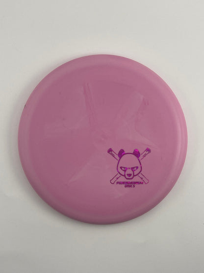 Dynamic Discs Judge disc golf putt and approach in pink Classic Moonshine plastic with Pandamonium Panda Corner X stamp