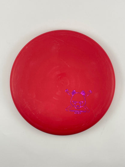 Dynamic Discs Judge disc golf putt and approach in red Classic plastic with Pandamonium Panda Corner X stamp