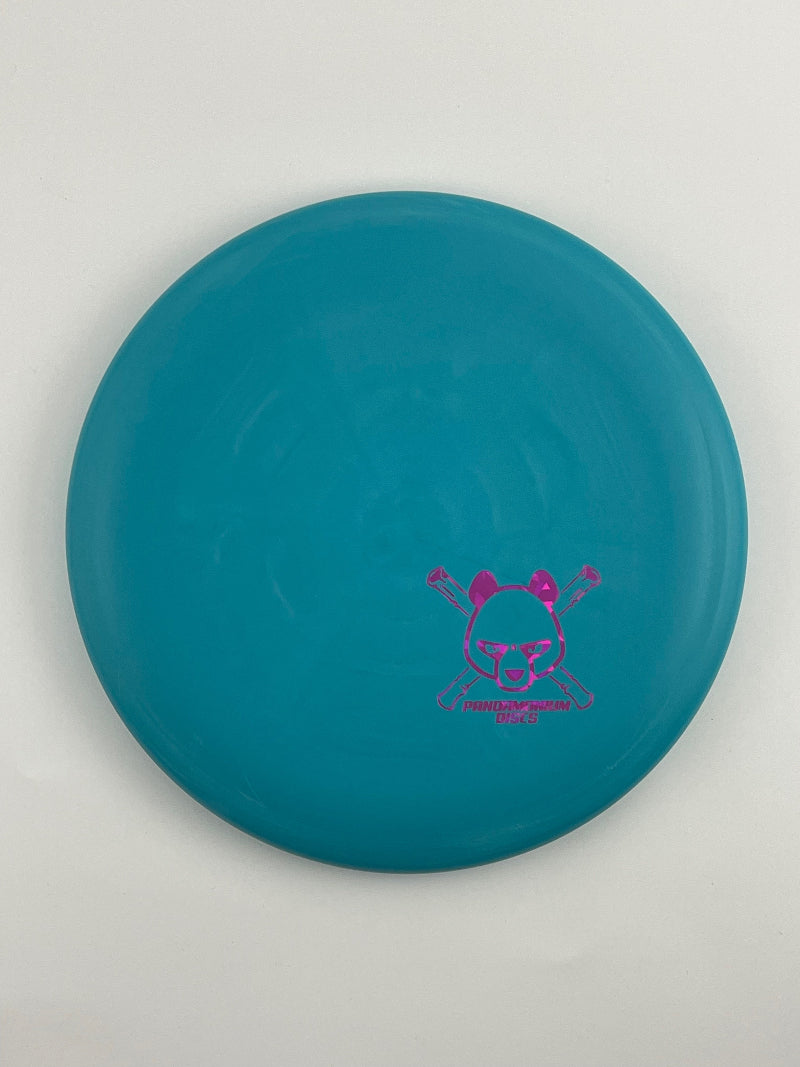 Discmania P2 disc golf putt and approach in teal D-Line Flex 1 plastic with Pandamonium Panda Corner X stamp