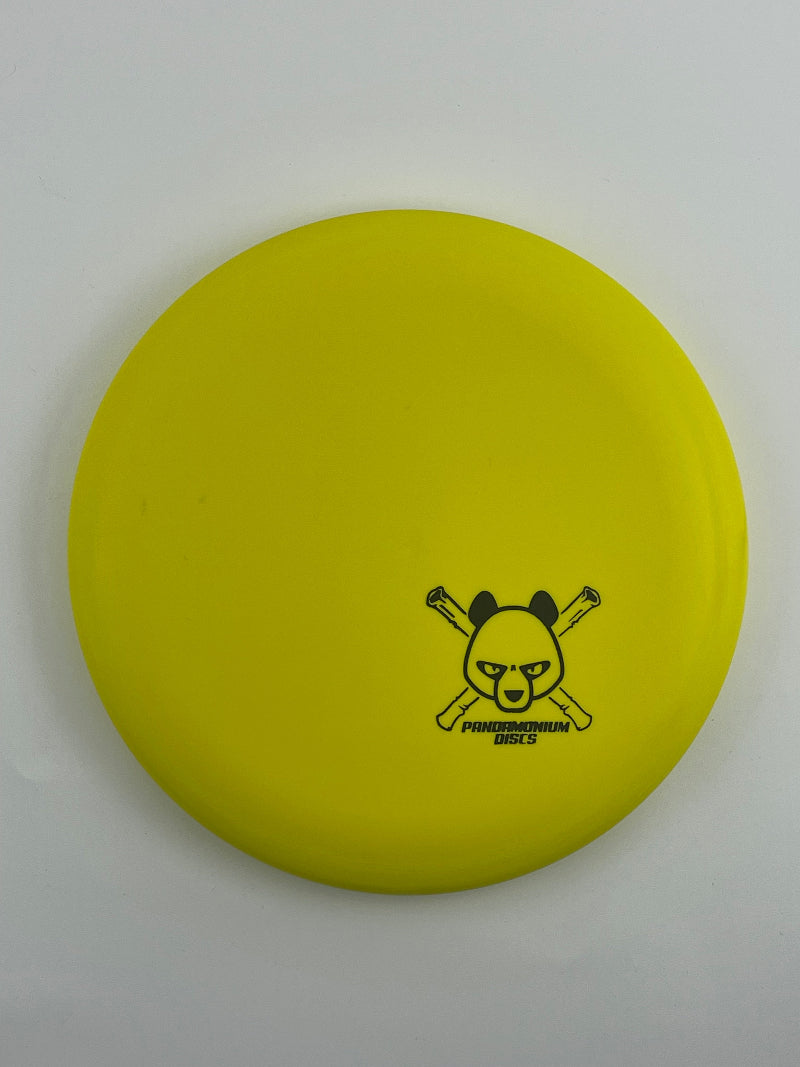 Discmania P2 disc golf putt and approach in yellow D-Line Flex 1 plastic with Pandamonium Panda Corner X stamp