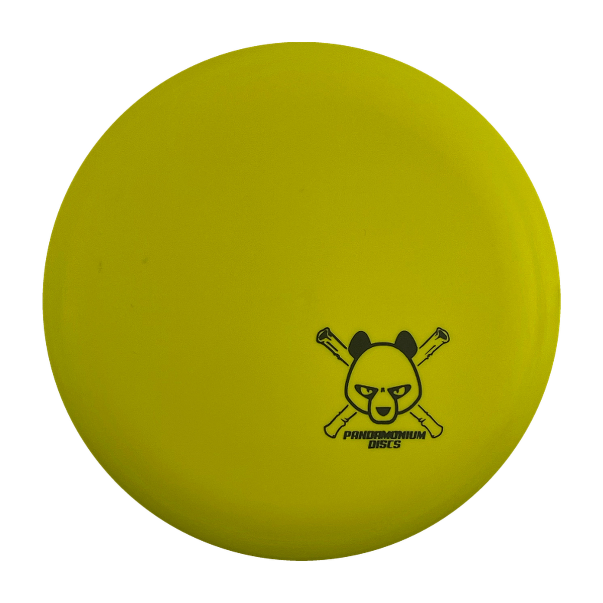 Discmania P2 disc golf putt and approach in yellow D-Line Flex 1 plastic with Pandamonium Panda Corner X stamp, view 1