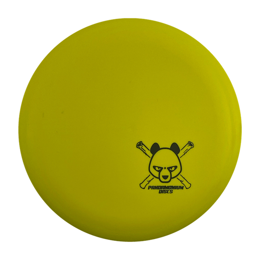 Discmania P2 disc golf putt and approach in yellow D-Line Flex 1 plastic with Pandamonium Panda Corner X stamp, view 1