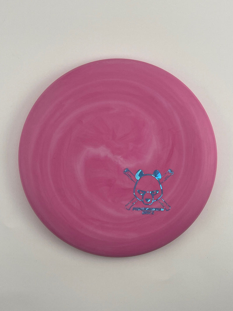 Discmania P2 disc golf putt and approach in pink swirl D-Line Flex 2 plastic with Pandamonium Panda Corner X stamp