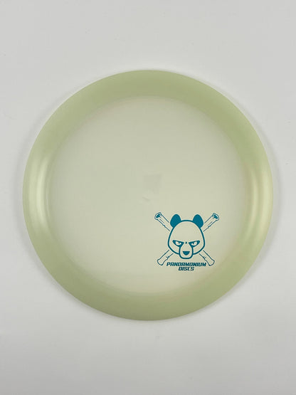Dynamic Discs Raider disc golf distance driver in clear and white Lucid plastic with Pandamonium Panda Corner X stamp