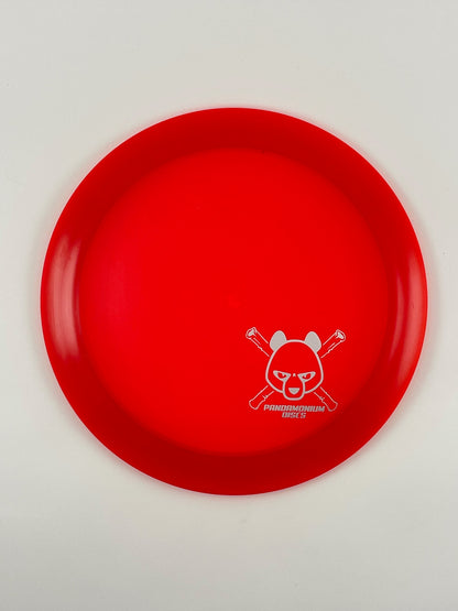 Dynamic Discs Raider disc golf distance driver in red Lucid plastic with Pandamonium Panda Corner X stamp