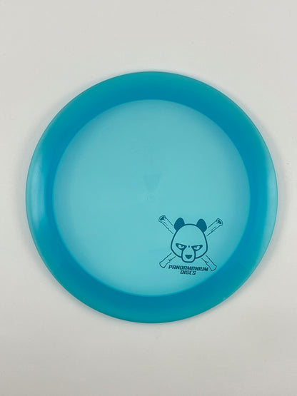 Dynamic Discs Sheriff disc golf distance driver in blue Lucid plastic with Pandamonium Panda Corner X stamp