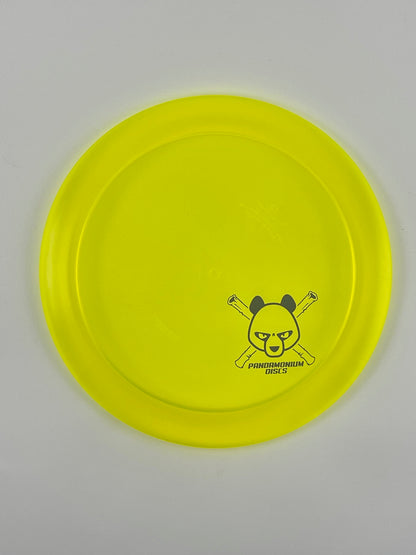 Dynamic Discs Sheriff disc golf distance driver in yellow Lucid plastic with Pandamonium Panda Corner X stamp