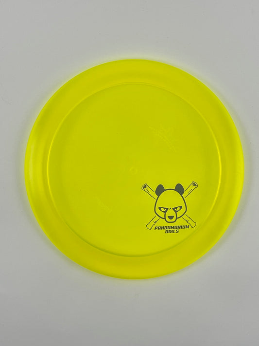 Dynamic Discs Sheriff disc golf distance driver in yellow Lucid plastic with Pandamonium Panda Corner X stamp