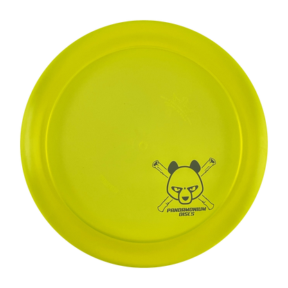 Dynamic Discs Sheriff disc golf distance driver in yellow Lucid plastic with Pandamonium Panda Corner X stamp, view 1