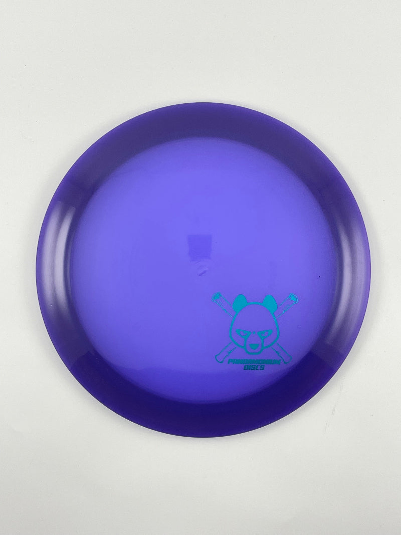 Dynamic Discs Raider disc golf distance driver in purple Lucid plastic with Pandamonium Panda Corner X stamp