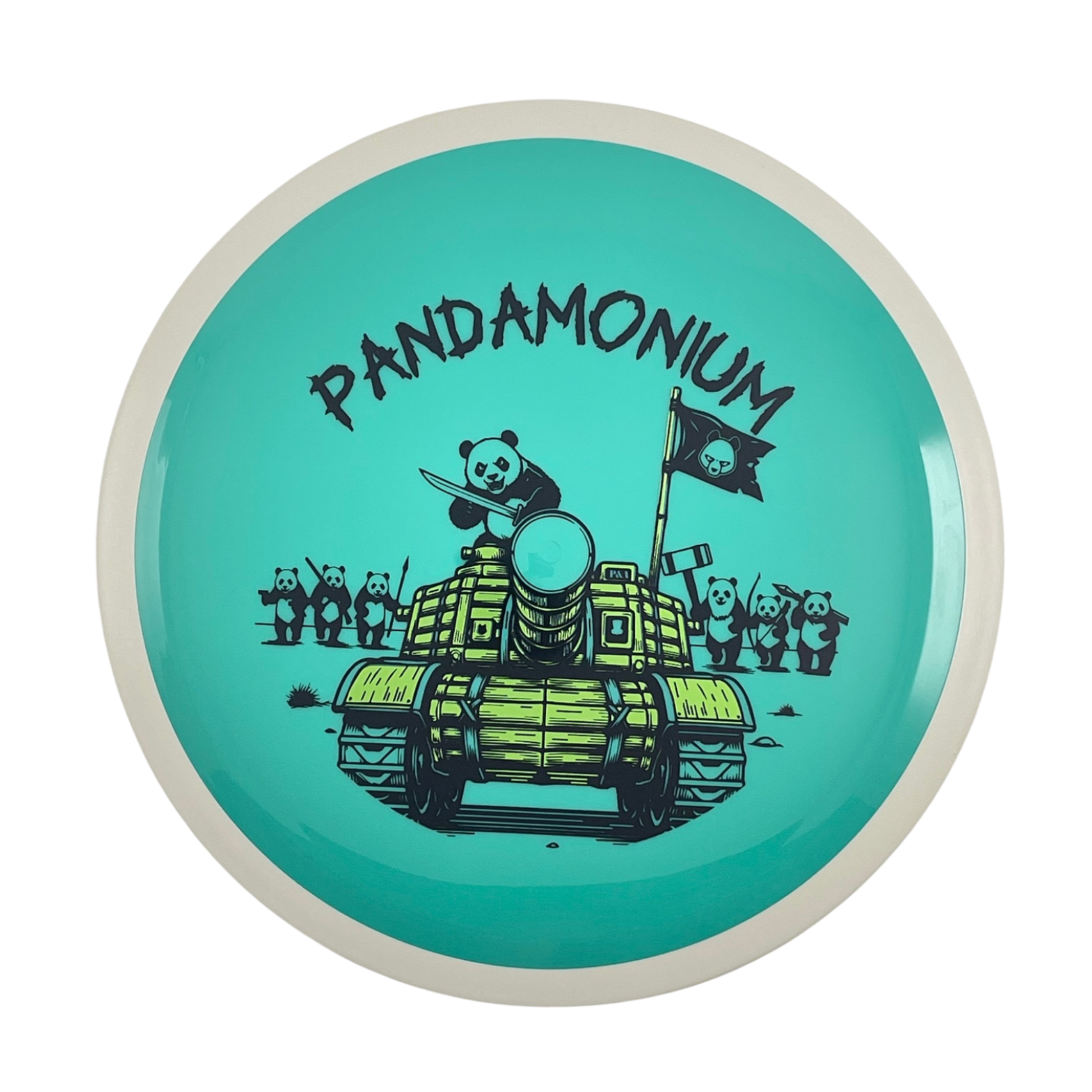 MVP Trail disc golf distance driver in teal Neutron plastic with Pandamonium Panda Tank stamp, view 1