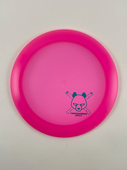 Latitude 64 Ballista Pro disc golf distance driver in pink Opto plastic with Pandamonium Panda Corner X stamp