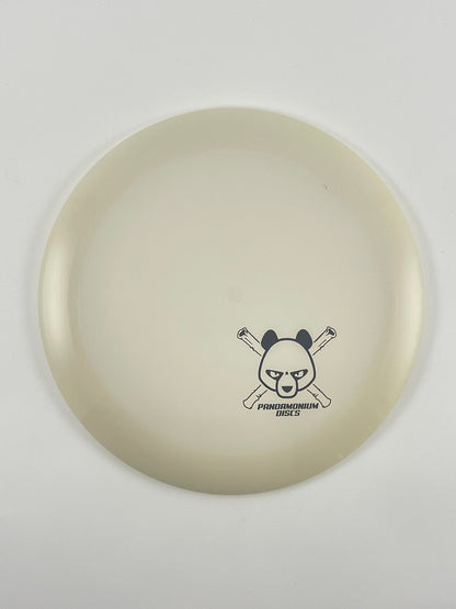 Latitude 64 Ballista Pro disc golf distance driver in white Opto plastic with Pandamonium Panda Corner X stamp