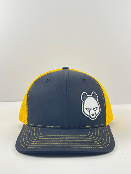 Pandamonium Discs Corner Patch Trucker disc golf hat in yellow, Richardson