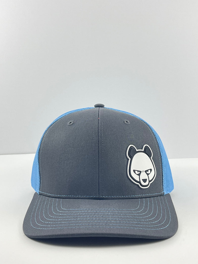 Pandamonium Discs Corner Patch Trucker disc golf hat in sky blue, Richardson