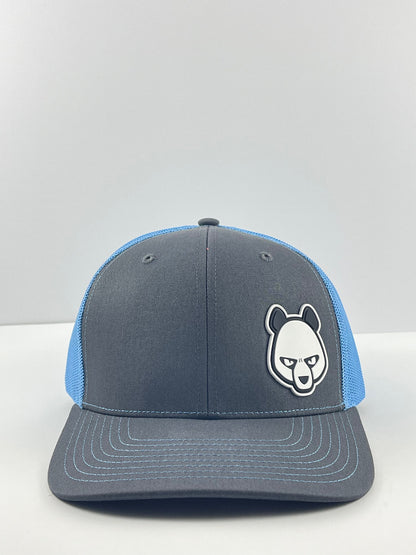 Pandamonium Discs Corner Patch Trucker disc golf hat in sky blue, Richardson