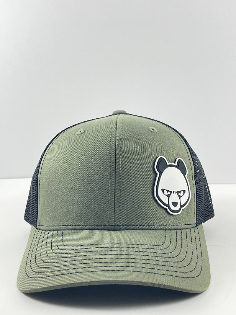 Pandamonium Discs Corner Patch Trucker disc golf hat in olive, Richardson