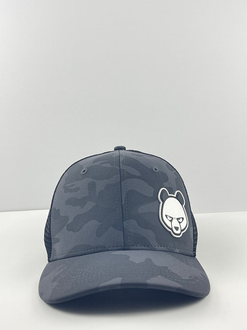Pandamonium Discs Corner Patch Camo disc golf hat in gray and camo, Sportsman