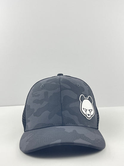 Pandamonium Discs Corner Patch Camo disc golf hat in gray and camo, Sportsman