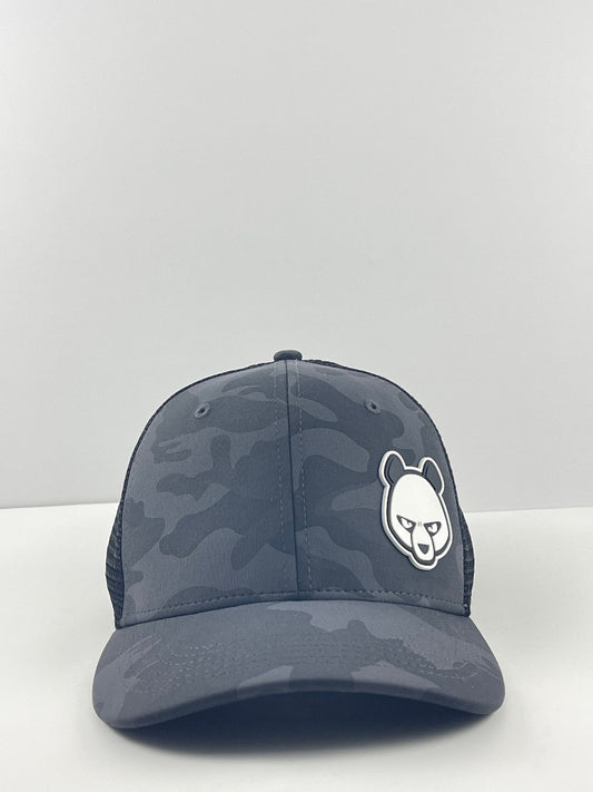 Pandamonium Discs Corner Patch Camo disc golf hat in gray and camo, Sportsman
