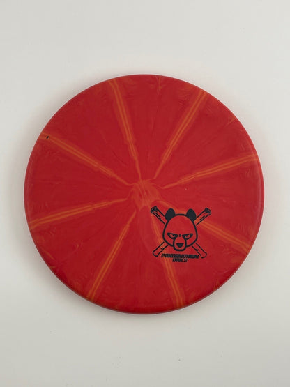 Westside Discs Harp disc golf putt and approach in red BT Burst plastic with Pandamonium Panda Corner X stamp