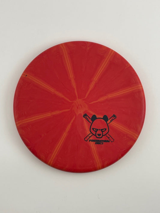 Westside Discs Harp disc golf putt and approach in red BT Burst plastic with Pandamonium Panda Corner X stamp