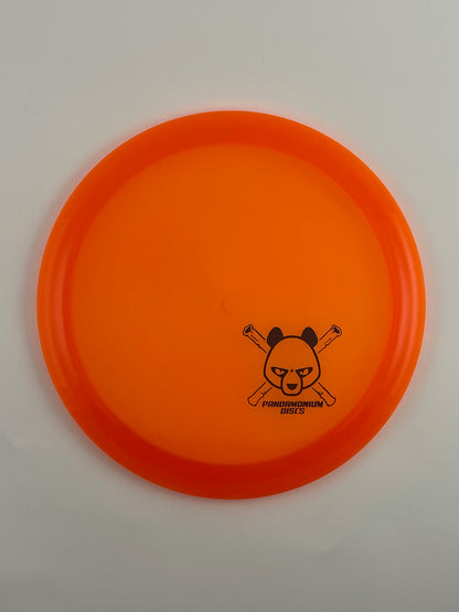 Discmania CD1 disc golf fairway driver in orange C-Line plastic with Pandamonium Panda Corner X stamp
