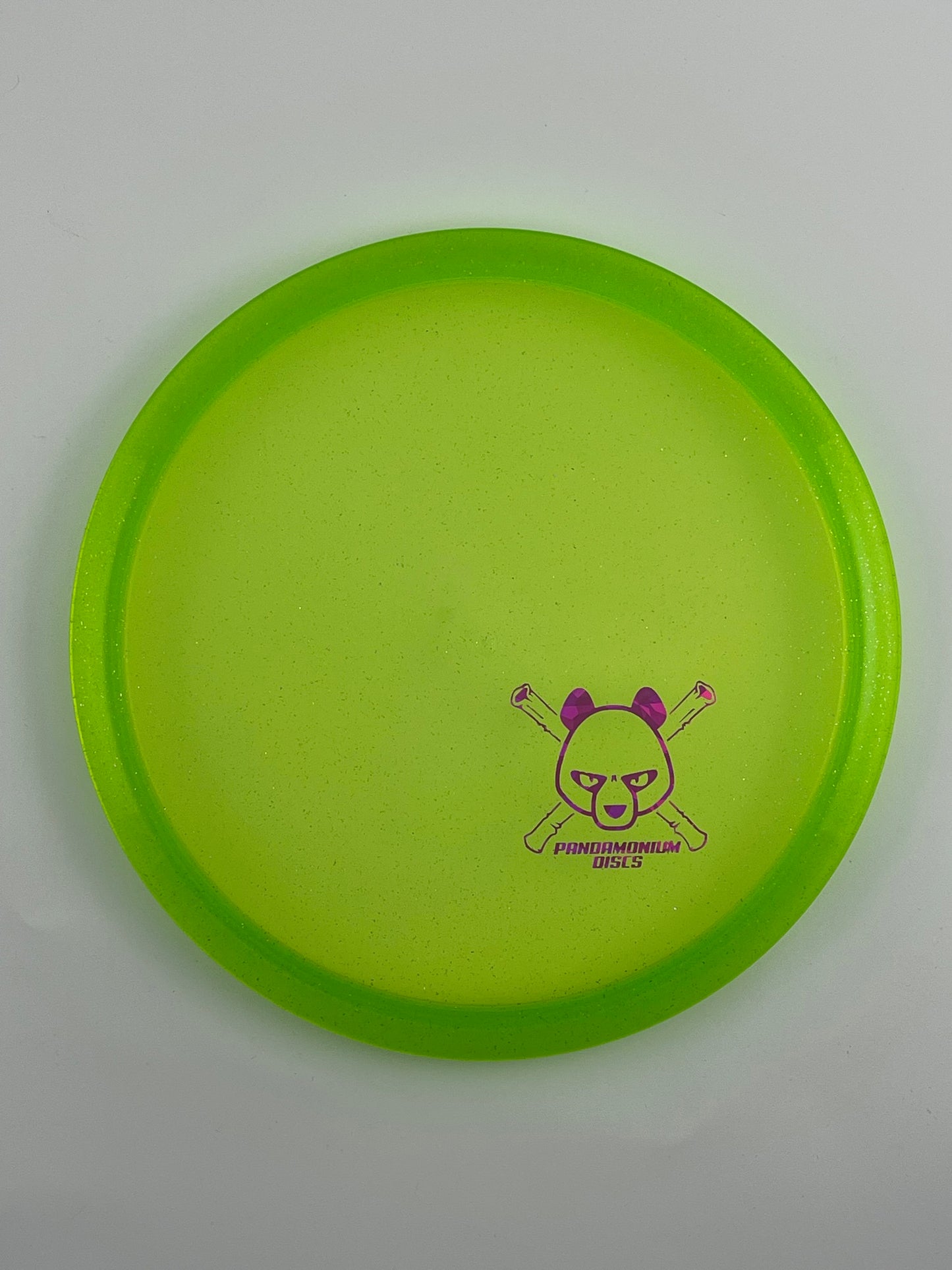 Discmania MD3 disc golf midrange in green C-Line Metal Flake plastic with Pandamonium Panda Corner X stamp