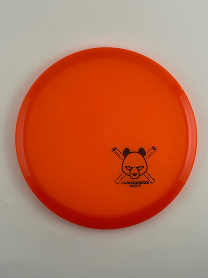 Discmania MD3 disc golf midrange in orange C-Line Metal Flake plastic with Pandamonium Panda Corner X stamp