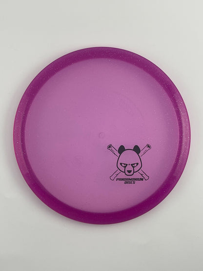 Discmania MD3 disc golf midrange in purple C-Line Metal Flake plastic with Pandamonium Panda Corner X stamp