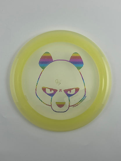 Innova Boss disc golf distance driver in clear and yellow Champion plastic with Pandamonium Big Panda stamp