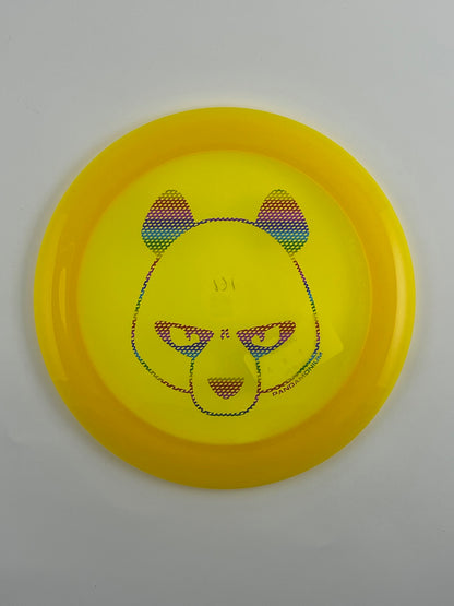 Innova Boss disc golf distance driver in yellow Champion plastic with Pandamonium Big Panda stamp