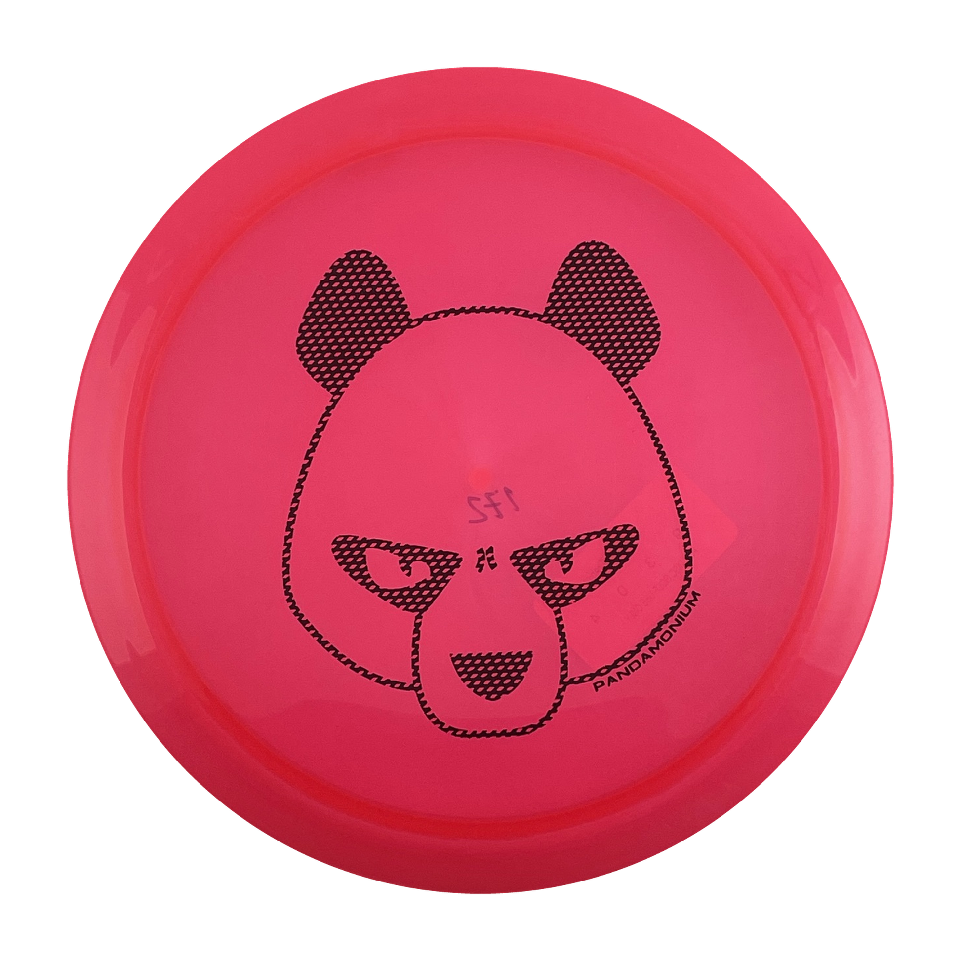 Innova Firebird disc golf fairway driver in pink Champion plastic with Pandamonium Big Panda stamp, view 1