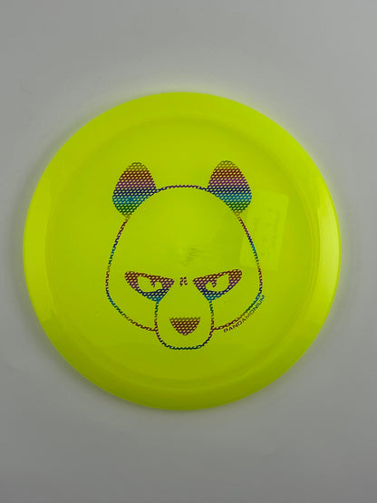 Innova Firebird disc golf fairway driver in yellow Champion plastic with Pandamonium Big Panda stamp