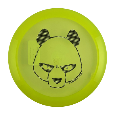 Innova Mamba disc golf distance driver in yellow and green Champion plastic with Pandamonium Big Panda stamp, view 1